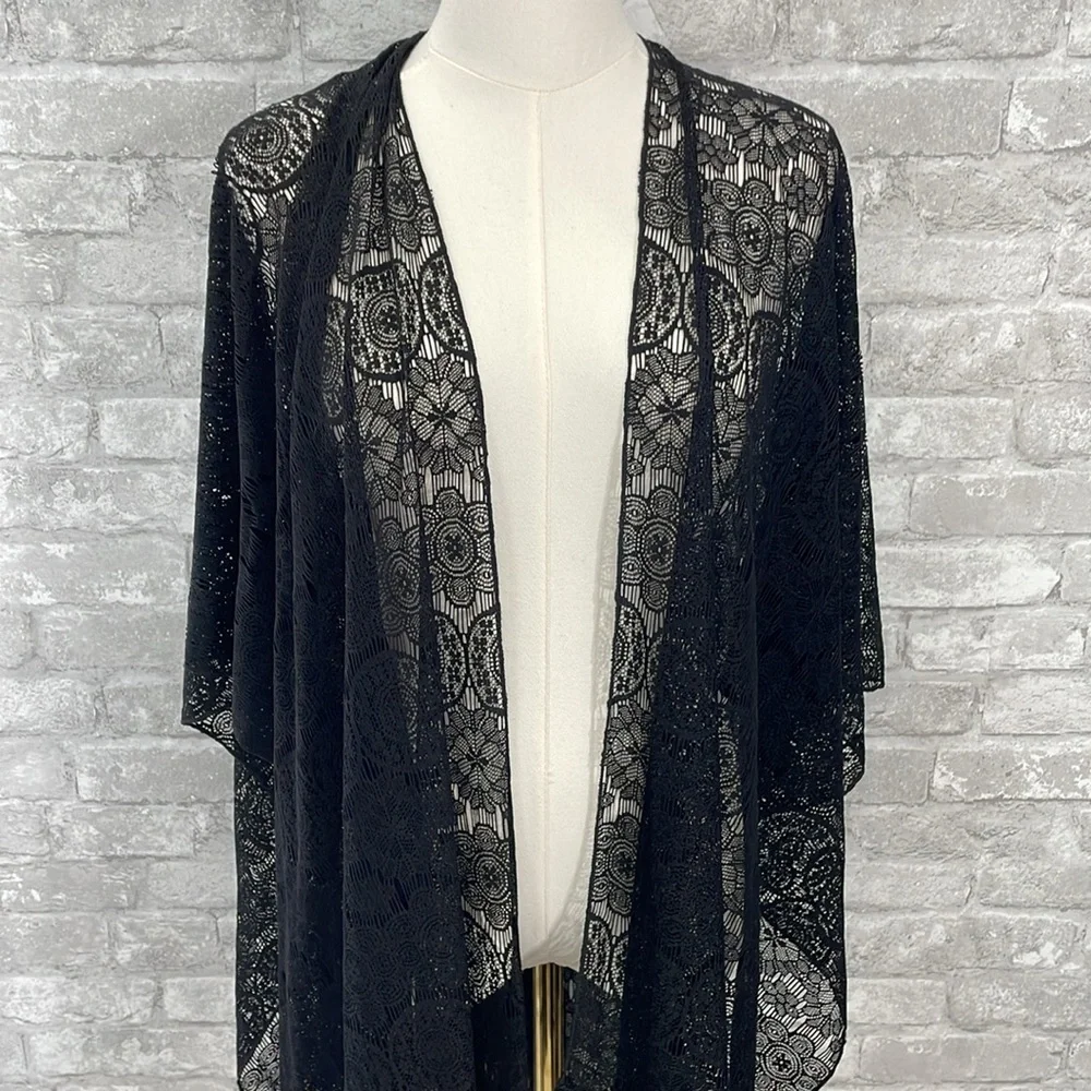 Dressbarn Black Lace Kimono with Fringe - Picture 2 of 5